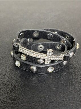 Black Leather Edgy Rhinestone Crystal Cross Wrap Bracelet - Black